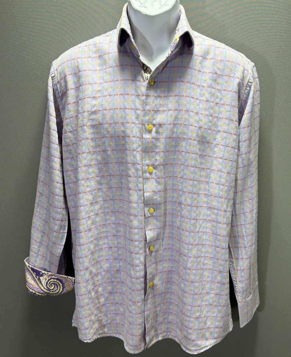 Steven Land Window Pane Paisley Flip Cuff Button Up Shirt Size Large Purple